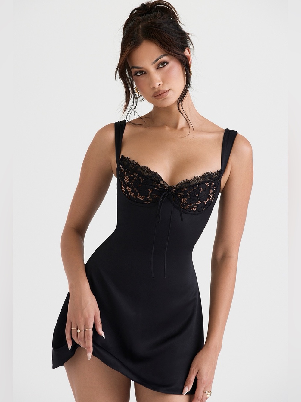 House of CB Adriana Black Satin and Lace Mini Dress
